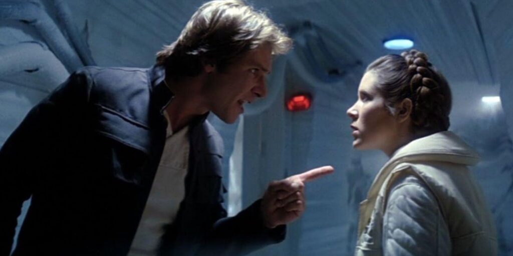 Han Solo and Princess Leia (Star Wars series)--enemies to lovers trope